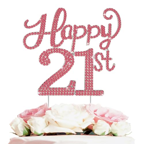 LASKYER Happy 21st Birthday Decorations,21st Birthday Red & Silver Rhinestone Cake Topper - Cheers to 21 Years Old Bday Party Metal Sparkly Cake Centerpieces Sign.