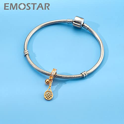 Emostar Rose Gold Tennis Racket And Ball Pendant Charms, 925 Sterling Silver Tennis Dangle Beads With Sparkle Cz, Fits Pandora Sports Bracelet Necklace, For Birthday/Christmas/Retirement Gift #TOP1