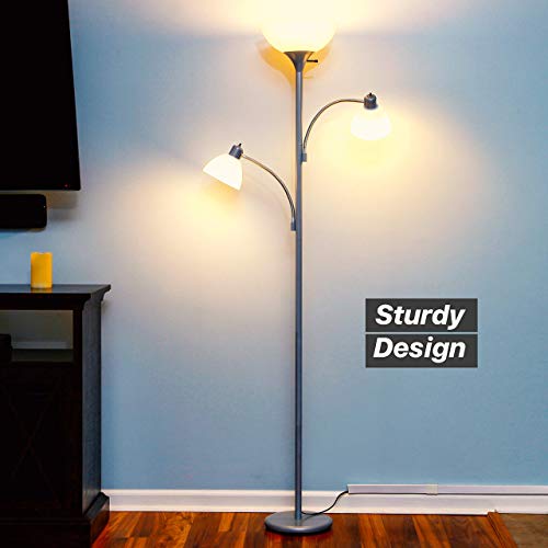 Brightech Sky Dome Double Led Floor Lamp, Torchiere Super Bright Floor Lamp With 2 Reading Lamps For Living Rooms & Offices - Dimmable Tall Standing Lamp For Bedroom Reading - Tall Silver Pole #TOP2