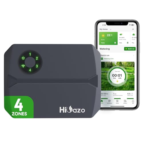 HiOazo Centralina irrigazione WiFi 4 zone, 16 programmi di irrigazione, salti meteorologici intelligenti, calcolo dell'acqua, irrigazione manuale, centralina per irrigazione giardino, HSC-400W Grigio
