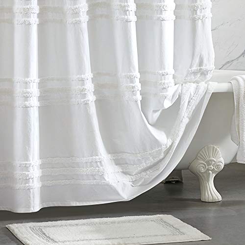 DKNY Chenille Stripe Shower Curtain for Bathroom - 100% Cotton - 72" x 72" - White