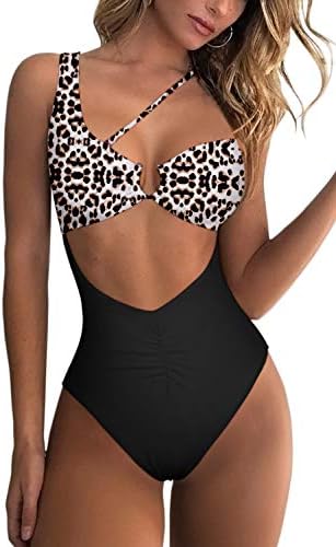 QINSEN Leopard Bathing Suits for Women High Waisted One Shoulder Cutout Cheeky One Piece Swimsuit M
