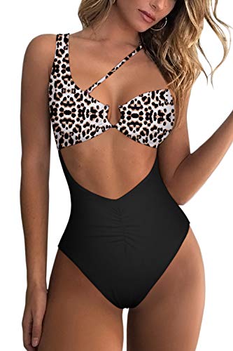 QINSEN Leopard Bathing Suits for Women High Waisted One Shoulder Cutout Cheeky One Piece Swimsuit M