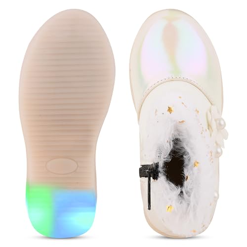 Image of Hooh Kids Girls LED Light Up Shoes Cum Boots with Faux Fur Trim and Flower Applique for 0 Months to 12 Years (for Greater Than 5 Years Age vs Size Chart in Images)