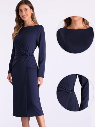 Allegra K Wear to Work Sheath Dress for Women's Long Sleeve Wrap Ruched Waist Boat Neck Church Midi Dress2