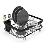 Umbra Sinkin Dish Drying Rack – Drainer with Cup Holders and Removable Cutlery Caddy – Use Over Sink, In Sink, or On Counter, Deluxe, Black