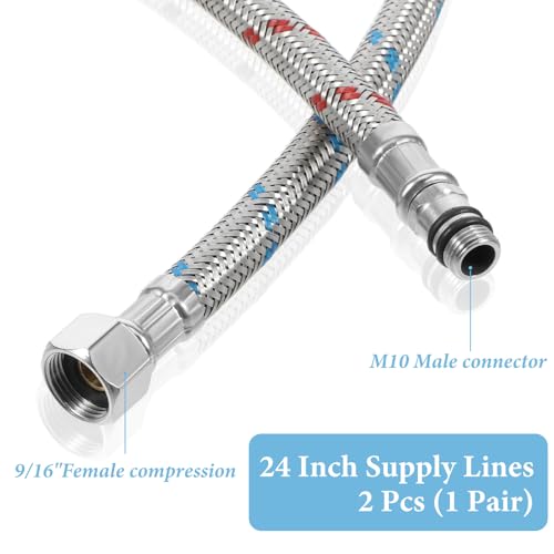 2 PCS Faucet Hose, 24 Inch Faucet Supply Lines Bathroom Kitchen Faucets Lines Braided Stainless Steel Supply Hose for Hot and Cold Water Supply（3/8-Inch Female Compression Thread X M10 Male Connector）