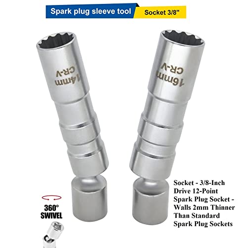 Wenbiao Swivel Spark Plug Socket Removal Tool 14Mm And 16Mm For 3/8 Inch Drive Magnetic Thin Wall 12-Point Universal Joint Wrench - 2 Pcs #TOP1