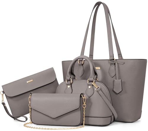 Bagsure Handtasche Damen Schultertasche Handtaschen Tragetasche Damen 4-teiliges Set für Büro Schule Einkauf Reise Geschenk (grau)