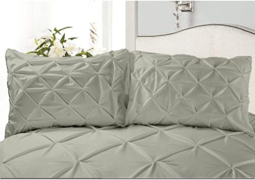 Precious Star Linen Silver Grey Pinch Pleated King Size Pillow Shams Long-Staple Egyptian Cotton Hotel Class Bedding Set of 2 Decorative Pillow Cover 20x40 Inch, Envelope Closure Soft & Cozy