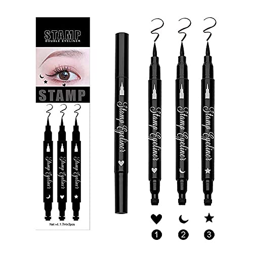 Toonono Double Eyeliner Stamp for Professional Eye Makeup,Liquid Eyeliner Pen 3 in 1 Waterproof Eyeliner Set ,Cute Tattoo Eyeliner（Heart+Moon+Star）,Black