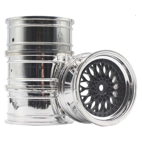 LAFEINA 4PCS RC Car Diameter 52mm Plating Plastic Wheels Rims Replacement for 1/10 RC On Road Touring Racing Drift Car (Offset 6mm, Black Silver)
