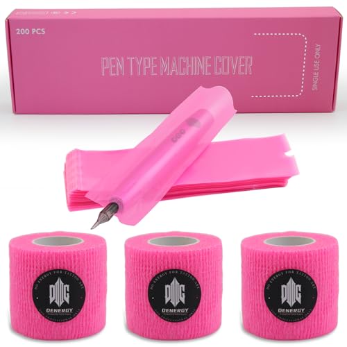 Tattoo Machine Pen Covers Pink with Self Adhesive Tape,Denergy 200pcs(2 × 7 inch) Microneedling Pen Cover with 3Rolls Tattoo Grip Tape Wrap Cover for Wireless Tattoo Pen Machine (Pink Sleeves+3Rolls)