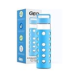 GEO 24 oz Borosilicate Glass BPA Free Leak-Proof Water Bottle w/Silicone Protective Sleeve (Blue)