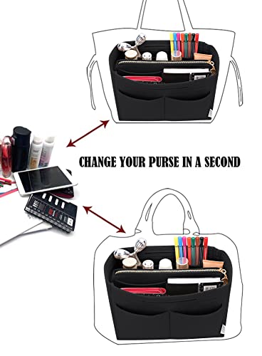 Image of Felt Purse Insert Handbag Organizer Bag in Bag Organizer with zipper Bag Tote Shaper for Speedy Neverfull 8021 Black L2