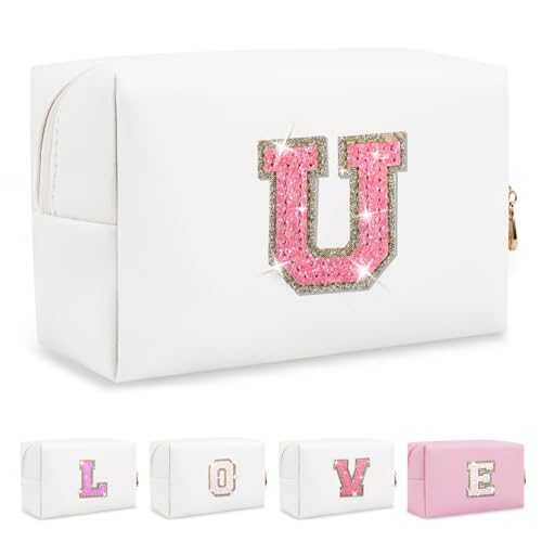 Small Initial Patch Makeup Bag Personalized Gifts Make Up Bag,White Cute PU Leather Glitter Letter Cosmetic Bag with Zipper,Trendy Portable Travel Toiletry Pouch,Preppy Stuff for Teen Girls Women U