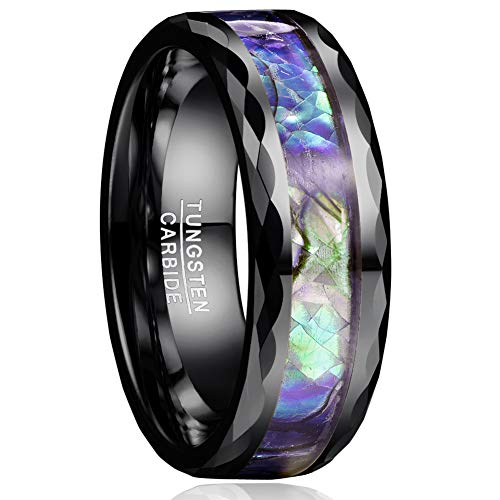 VAKKI 8mm Abalone Shell Tungsten Wedding Rings for Men Women Black Faceted Edges Engagement Bands Size 7