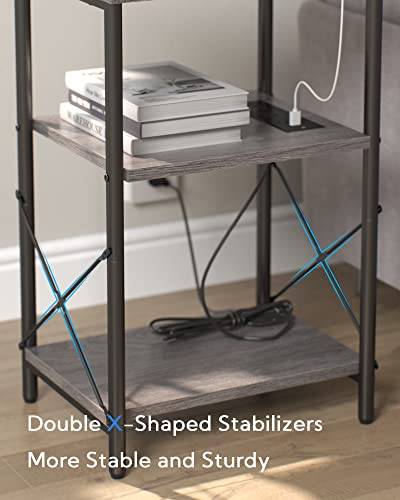 Yusong Small Side Table With Charging Station, Slim End Table For Narrow Space In Living Room,3 Tier Skinny Nightstand Bedside Table With Usb Ports & Outlets For Bedroom, Grey #TOP5