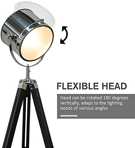 HOMCOM Industrial Style Adjustable Tripod Floor Lamp, Searchlight Lamp with Wooden Legs and Steel Lampshade, 110-155cm, Black