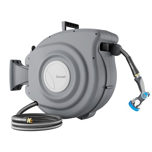 Retractable Garden Hose Reel 1/2 in x 100 ft Heavy Duty Automatic Water Hose Reel with 10-Function Sprayer Nozzle Kink-Free Auto Rewind Any-Length Lock 180° Swivel UV Resistant - Dark Gray
