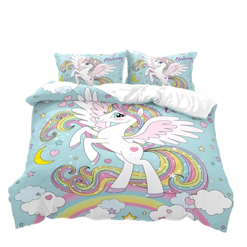 Miniatura 8 de Tsopefi Juego De Ropa De Cama Para Niña Con Unicornio Rosa,Juego De Funda Nórdica Infantil Con Estampado De Unicornio De Dibujos Animados,Con Arcoíris,Nubes Y Caballos 135 X 200 Cm, C