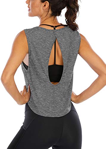 ICTIVE Workout Tank Tops for Women Cute Summer Crop Tops for Women Keyhole Open Back Muscle Tank Yoga Tops for Women Workout Tops for Women Running Tank Tops Athletic Gym Tops Light Gray L