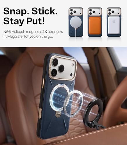 Image of TORRAS Q3 VegSkin for iPhone 17 Pro Max Case Leather, 360 Spin Magnetic Stand, Fit for MagSafe, Camera Control, Shockproof Premium Organic Silicone Leather Phone Case for iPhone 17 Pro Max, Deep Blue