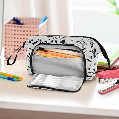 Image of Bow Gray Pencil Case Pouch Big Capacity Pencil Bag Box Organizer Pen Case with Zipper Pencil Cases for Girls Boys Women School College Office