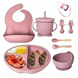 LMKB Platos para Niños Juego de Platos y Cubiertos para Niños de Silicona, Set de 8 Piezas Libres de BPA,Incluye Babero, Plato (Rosa-9 piezas)