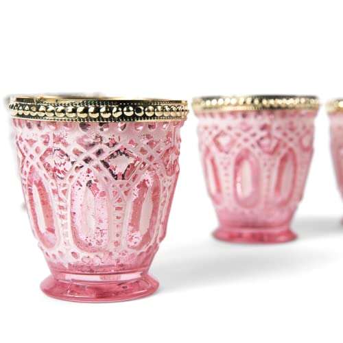 Koyal Wholesale Shabby Chic Vintage Glass Votive Candle Holders Beaded Rim Set Of 6, Antique Bulk Tealight Holders, Tablescapes, Wedding, Home Decor, Restaurant (Frosted Pink With Gold Rim) #TOP4