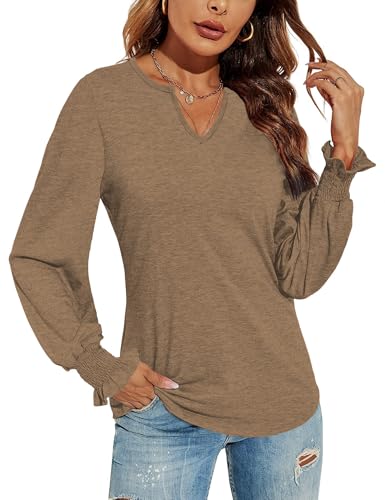 DUOEASE Tunique Femme Chic et Elegant Ample Couleur Unie Sweat Femme Col V Haut Automne et Hiver Marron XL