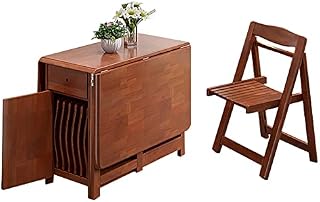 Juego de Mesa de Comedor Plegable de Madera Maciza Estilo Granja con extensión de Hojas abatibles, Ruedas, cajón y sillas para Ahorrar Espacio en la Isla de Cocina, 5 Piezas