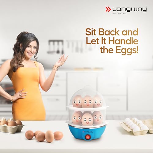 Image of Longway Eggo 350 Watt Egg Boiler /Cooker for Steaming, Cooking & Boiling with 3 Boiling Modes Soft, Medium, Hard (Blue, 14 Eggs)