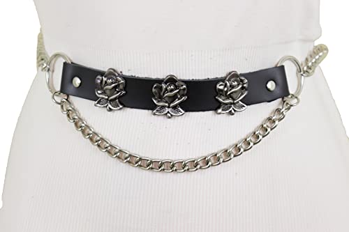Women Silver Metal Chain Fashion Belt Flower Rose Charms Black Strap Size M L XL2