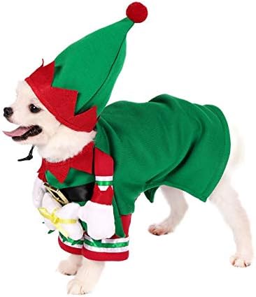 Filhome Dog Cat Christmas Elf Costume with Hat, Pet Christmas Winter Fleece Coat Clothes Puppy Xmas Outfit Apparel