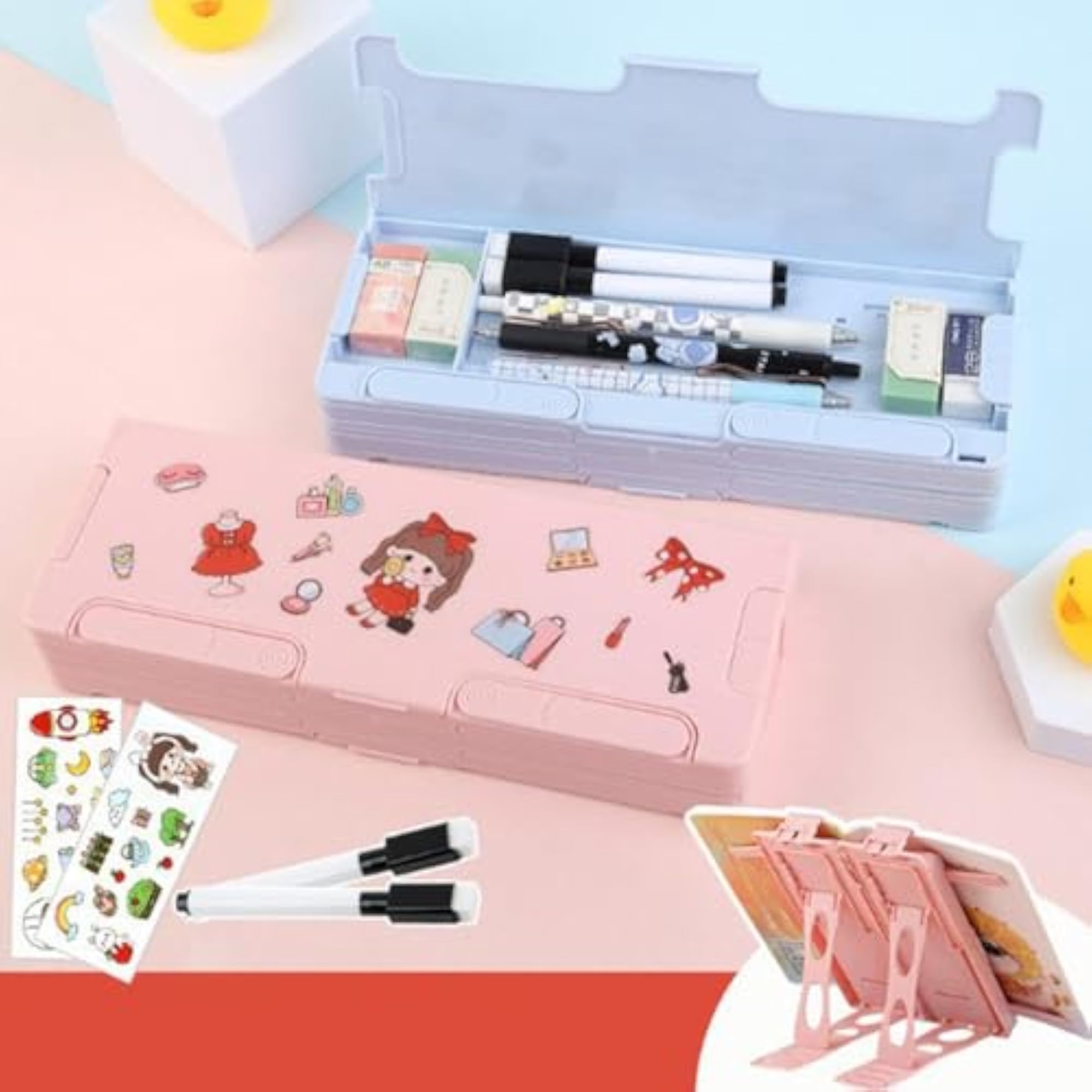 Cute Hard Pencil Case with Reading Rack, Pink