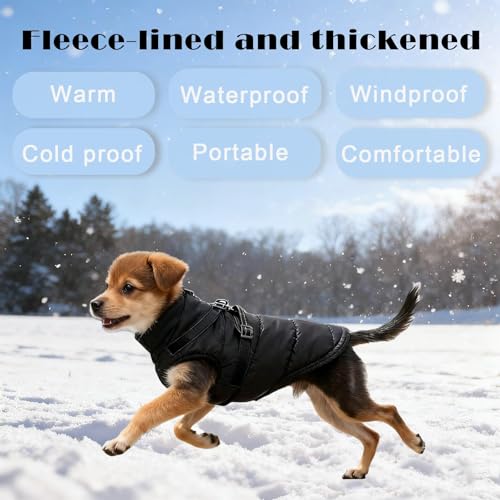 Hundemantel Winter mit Geschirr Einstellbar, ZoneYan Wasserdicht & Warm Hundemantel für Kleine Hunde, Reflektierende Winterjacke, Winddicht Weste für Hund (Schwarz, XS)