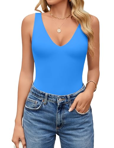 Avidlove Bodysuit Tank Top Deep V Neck Bodysuits Sleeveless Rave Thong Body Suits Going Out Sexy (Blue, M)