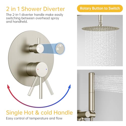 Image of BESy Shower System with 10 Inch Round Rain Shower Head and Handheld Wall Mounted, High Pressure Rainfall Shower Faucet Fixture Combo Set with 2 in 1 Handheld Showerhead for Bathroom, Nickel