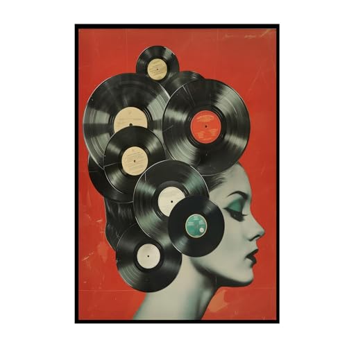 Vintage Vinyl Record Wall Art Vinyl Records Retro 1950s Woman Music Lover Vintage Collage Modern Wall Decor for Bedroom Living Room Office DJ Gift Home Decor 16x24 Inches Frameless Canvas Wall Art