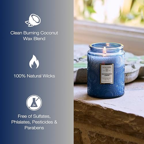 Image of Voluspa Mediterranean Lemon Candle Jar, 5.5 oz, Coconut Wax Blend, Small Scented Candles for Home, 50 Hour Burn Time, Poured in the USA