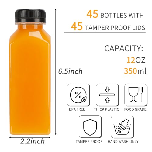 TOMNK 45pcs Juice Bottles, 12oz Reusable Juice Bottles with Caps and Labels, Funnel, Brush Beverage Containers for Juicing, Smoothies, Tea, Milk