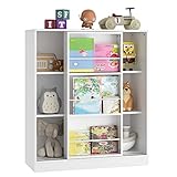 FOTOSOK Kids Bookcase with Sliding Shelf, 3 Tier Book Shelf Toy Organizer Storage Cabinet, Free Stranding Display Storage Bookshelf for Bedroom Living Room, White