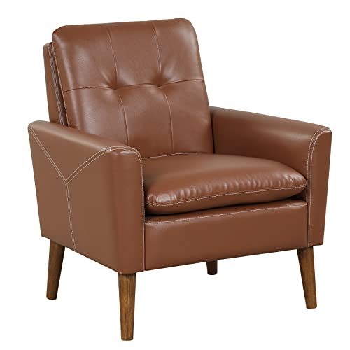 Giantex Modern Leather Accent Chair - Mid-Century Arm Chairs For Living Room, Single Sofa Chair With Backrest And Wide Armrests, Upholstered Living Room Chair, Max Load 400Lbs, Brown #TOP3