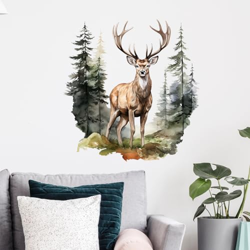 Vinilo decorativo de ciervo con pinos para pared, removible e impermeable miniatura 2
