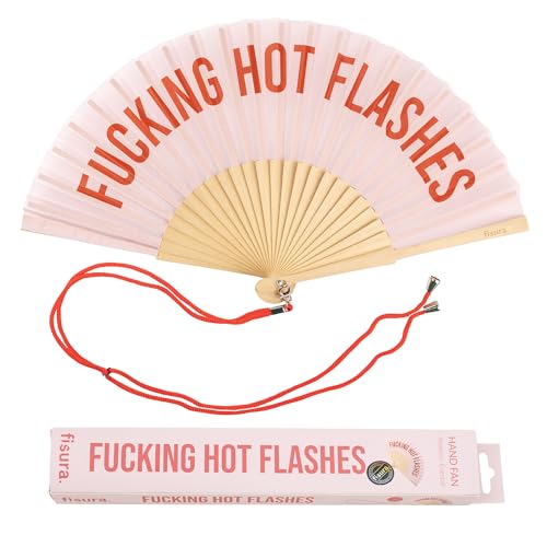 Fisura – Abanico original con mensaje “f*cking hot flashes”. Abanico de madera moderno y gracioso. Abanico rosa. Abanico con cuelga abanico. 42,5 x 23 cm.