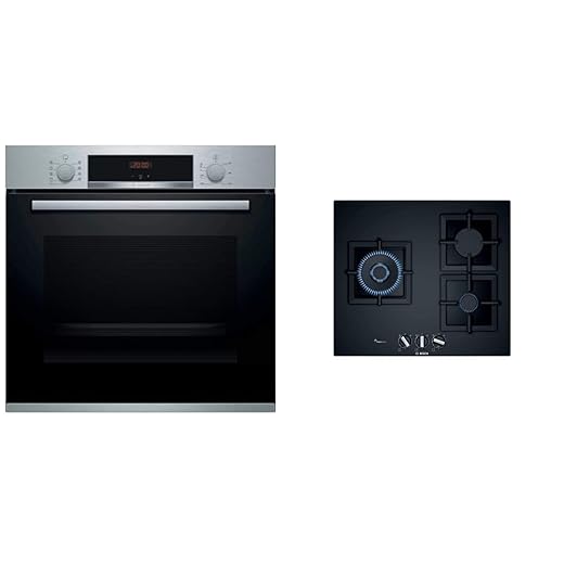 Bosch Serie | 4 HBA512ES0 - Horno eléctrico, Limpieza con Aqualisis, 60x60 cm, Mandos ocultables, 1 guía, Negro & PPC6A6B20 - Placa de Gas 3 zonas, Serie 6, Cristal Templado, 60cm, Negro, 1000W