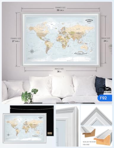 Image of IPIC - Custom Framed world map wall art, Push Pin Map Decor to Mark Travels, Personalized Artwork with Names and Message on, Oversize World Travel Map Print for Home, Office, Study, and RV