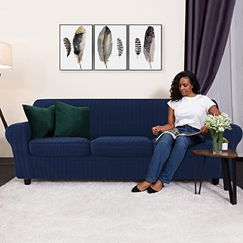 Chun Yi 4 Piece Houndstooth Loveseat Sofa Slipcover Stretch Couch Cover, 3 Seater Stretch Couch Slipcover With Separate Cushions, Swallow Gird Spandex Jacquard Fabric (Dark Blue) #TOP1