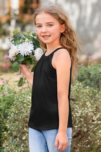 Image of BesserBay Girls Summer Back Button Halter Neck Tank Top Cold Shoulder Casual Blouse Pleated Sleeveless Shirts 5-14 Years